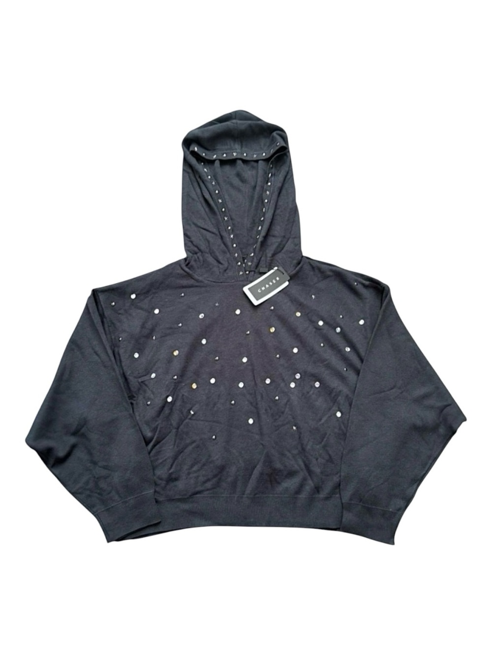 NWT Chaser All Over Jewels Oversized Cropped Hoodie Licorice Black Small